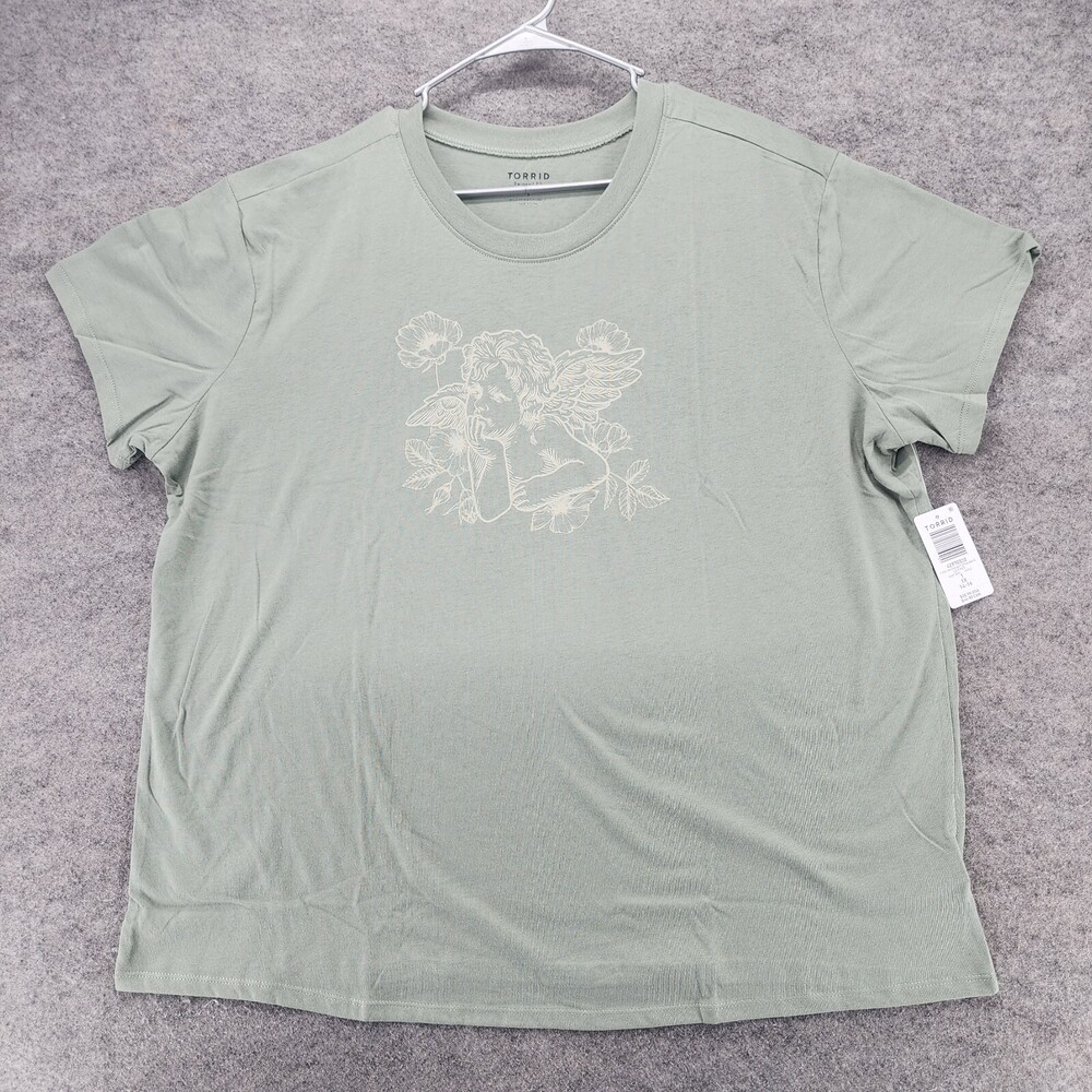 Torrid Shirt Womens 1X Short Sleeve Green Floral Cherub Relaxed